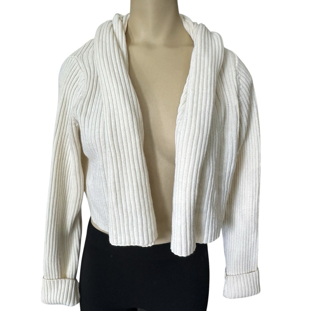 Eileen Fisher Merino Wool Knit Shawl‎ Cardigan Medium Ribbed Open Front Cream